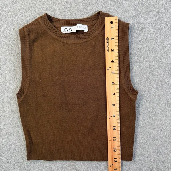 ZARA Women's Small Brown Knit Sweater Vest Top Sleeveless Crew Neck Cropped - Image 3