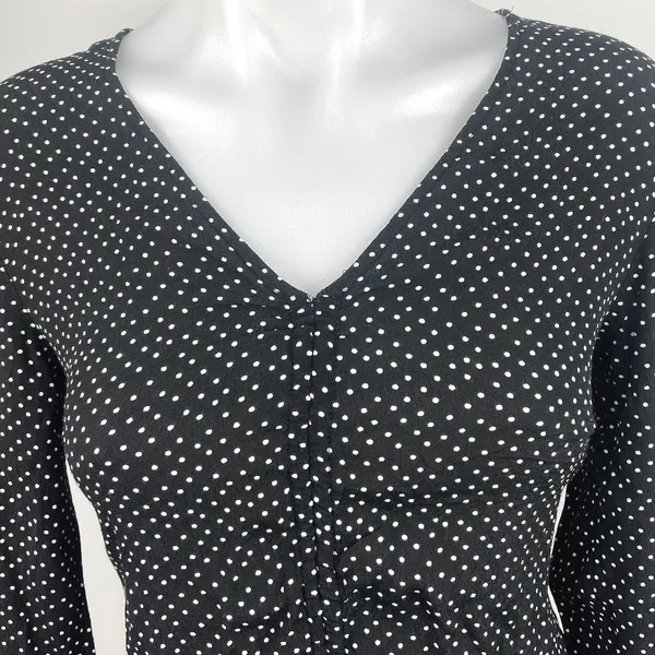 H&M Black White Polka Dot Ruffle V Neck Long Sleeve Peplum Blouse Top Size 4 - Image 3