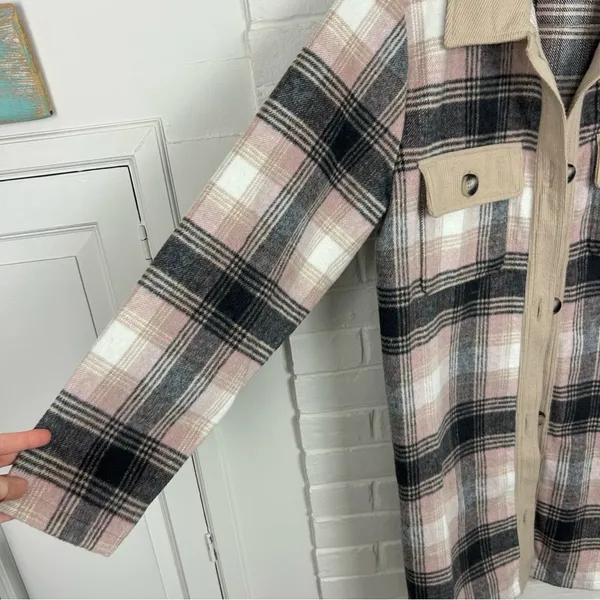 Melloday Pink Brown Plaid Long Line Button Front Shacket Size XL - Image 9