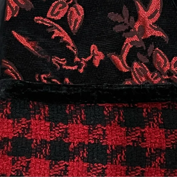 Coldwater Creek Red & Black Jacquard Floral Houndstooth Vest Velvet Trim Large - Image 2