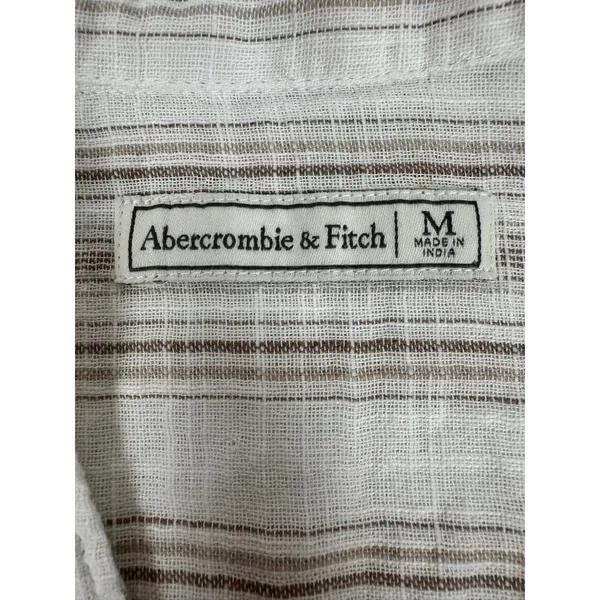 Abercrombie & Fitch Brown Striped‎ Front Tie Button Down Linen Blend Shirt M - Image 5
