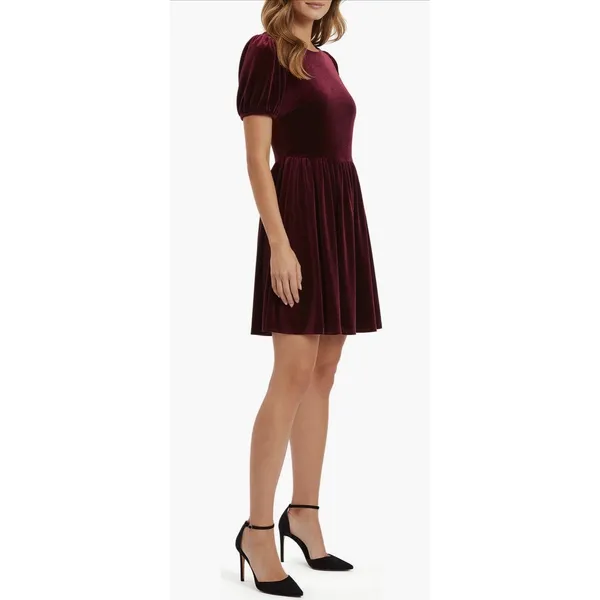 Lush Burgundy Velvet Puff Sleeve Mini Dress with Back Bow Size 8 NEW‎ - Image 3