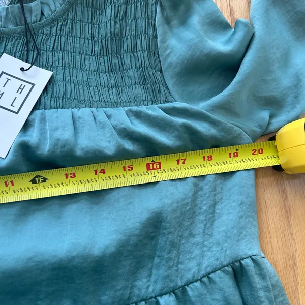 THML NWT Teal Smocked Tiered Mini Dress Long Sleeve‎ Boho Seafoam Size Small - Image 8