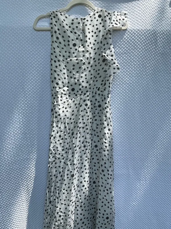 Verte Women’s Size Small White Black Polka Dot Ruffle Wrap Maxi Dress Side Tie - Image 5