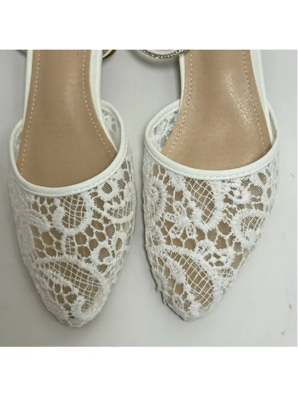 White Lace Low Block Heel Ankle Strap Wedding Shoe Sandals Size 40 - Image 9