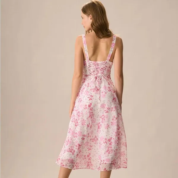RIHOAS The Pink Square Neck Floral Ruched Midi Dress 15 - Image 5