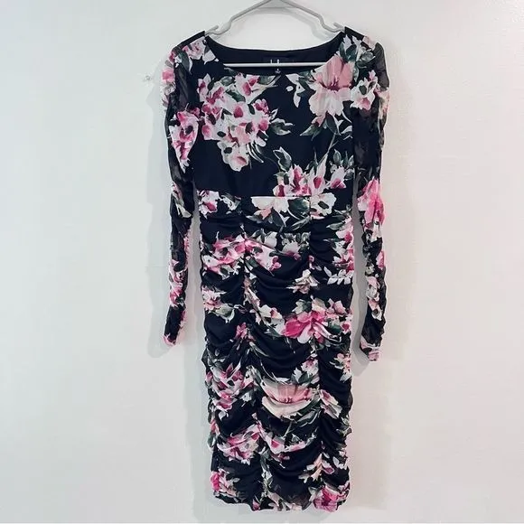 Lulus Ayana Black Pink Floral Ruched Mesh‎ Bodycon Dress SMALL - Image 5