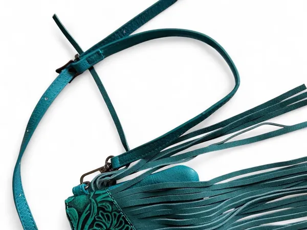 NWT Wrangler Turquoise Tooled Fringe Crossbody Bag - Image 4