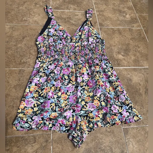 Floret Studios Floral Romper, Size XL, Smocked, Purple Yellow Black, Shorts - Image 3