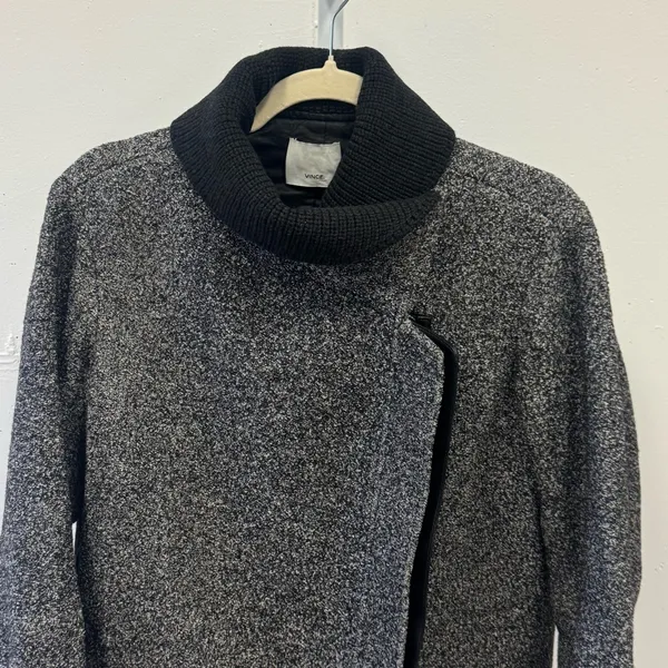 Vince Shawl Collar Asymmetrical Zip Wool Blend Lambskin‎ Trim Tweed Ines Coat XS - Image 7