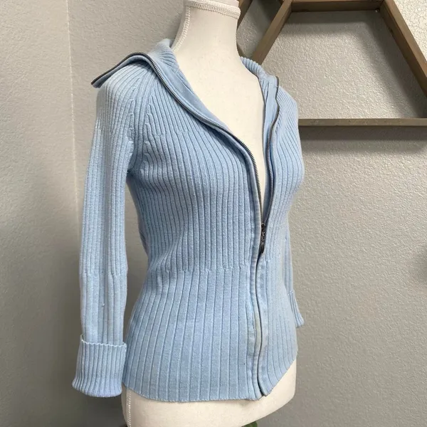 Y2k Light Blue Ribbed Zip Up Long Sleeve Sweater Winter Fall Grunge Alt - Image 2