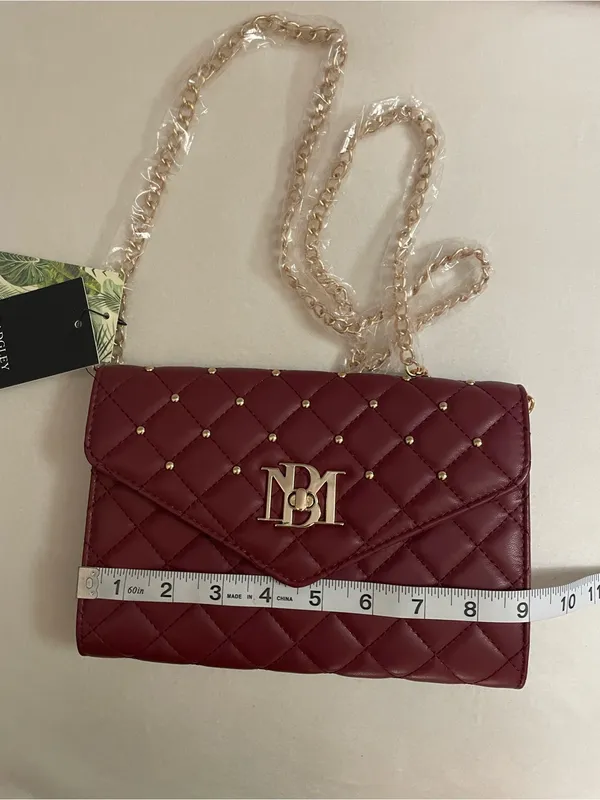 Badgley Mischka NWT Crossbody Diamond Quilting Round Studs on Front Wine Gold - Image 8
