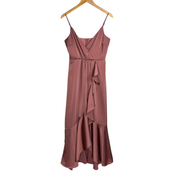 Lulus Enchanted Moments Mauve Pink Satin Ruffle Dress Sz Medium High Low V Neck - Image 4