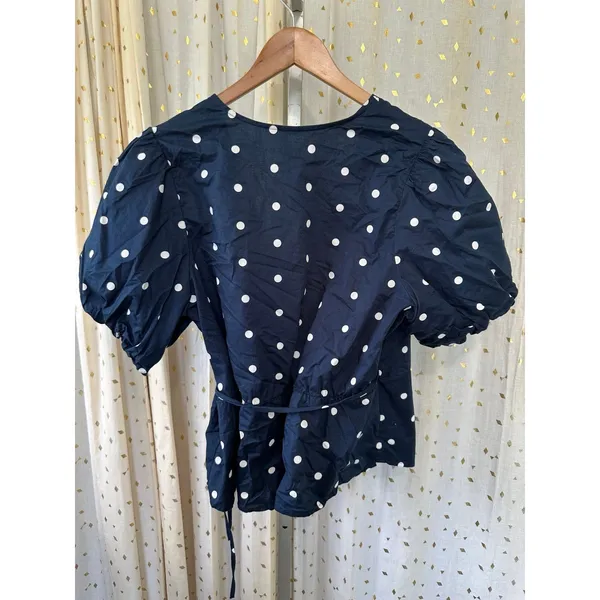 Old Navy 100% Cotton Polka Dot Waist Defined Puff-Sleeve Tie-Wrap Blouse XL - Image 4