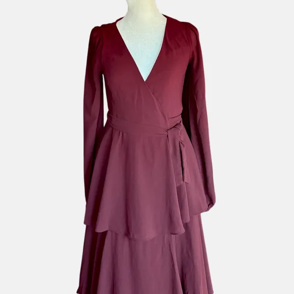 NWT Lulus Small Marvelous Grace Plum Long Sleeve Tiered Wrap Maxi‎ Dress Sz XS - Image 5