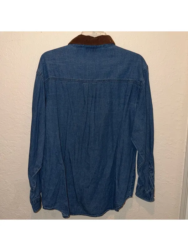 Vintage 90s Denim Shirt Corduroy Pumpkin Embroidered Jean Shirt cottagecore - Image 5