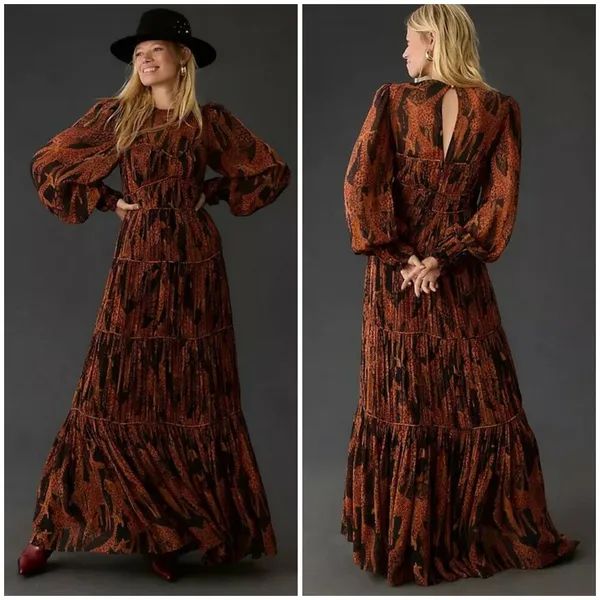 💕FARM RIO💕 Giraffes Black Puff Sleeve Maxi Dress ~ Giraffe Print Small S NWOT - Image 3