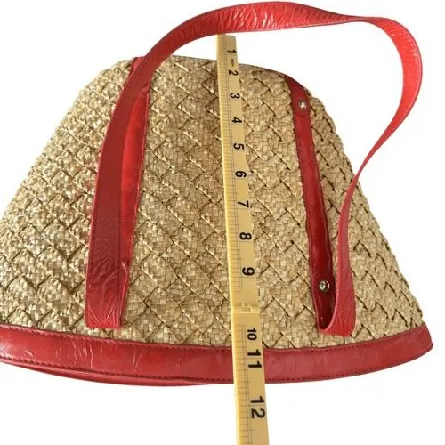 Coldwater Creek Woven Straw Tote Bag Red Leather Trim Flower Accent ‎ Vacation - Image 11