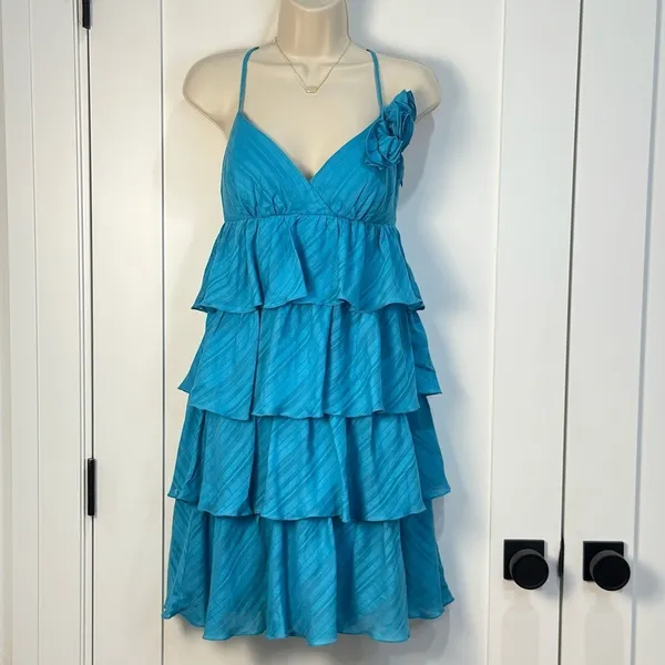 Vintage Trina Turk Y2K Ruffle Tiered Mini Dress 4 Blue Party Mermaid Whimsy Chic - Image 2
