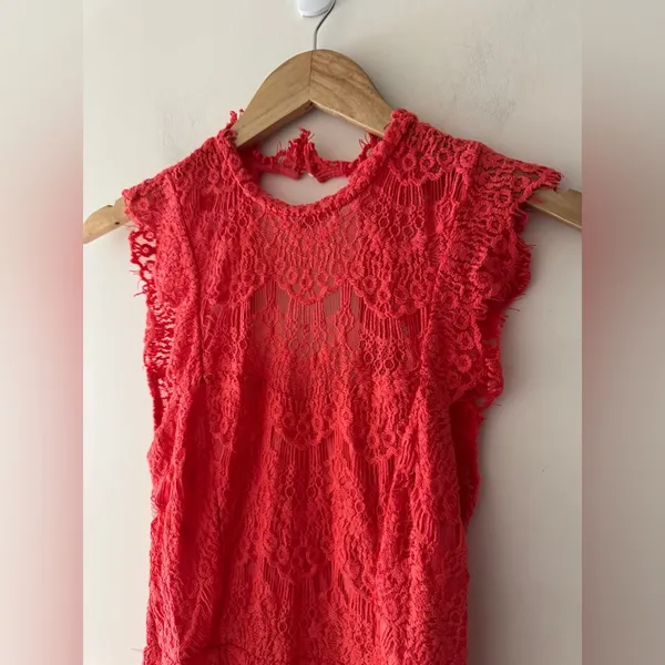 Free‎ People Intimately Daydream Bodycon Slip Lace Dress Coral Pink Plunge Back - Image 4