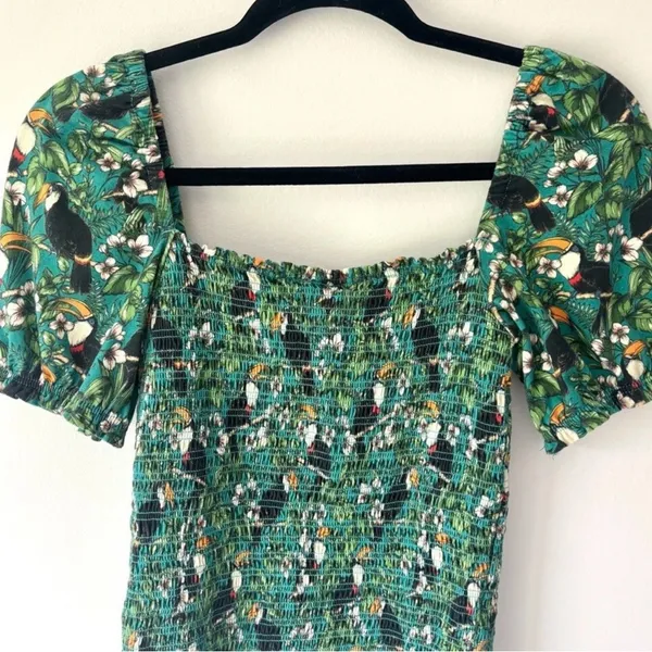 Anthropologie Dolan Left Coast Smocked Puff Sleeve Green Toucan Print Top Floral - Image 9