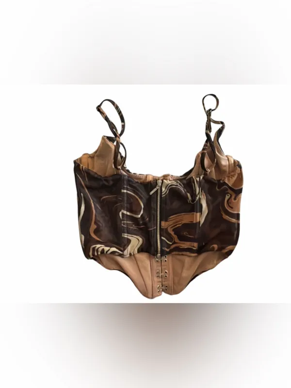 White Fox Brown Marble Swirl Print Corset Cropped Top - Image 2