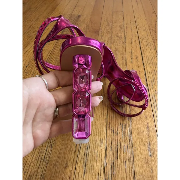 Pink Rhinestone Strappy Heel Sandals Shoes Womens Size 8 Square Toe Party - Image 5