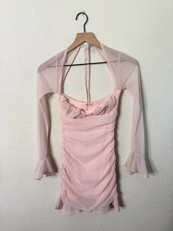 Babyboo Brea Pink Mini Dress Sparkle‎ Shimmer Long Sleeve Mesh Women’s Size S - Image 3