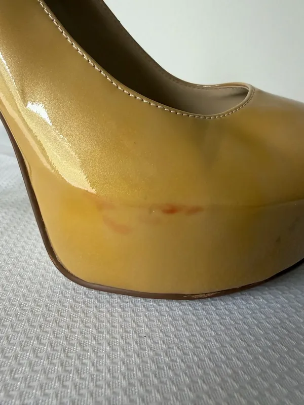 Enzo Angiolini Mustard/Beige Patent Peep Toe Stilettos - Image 7