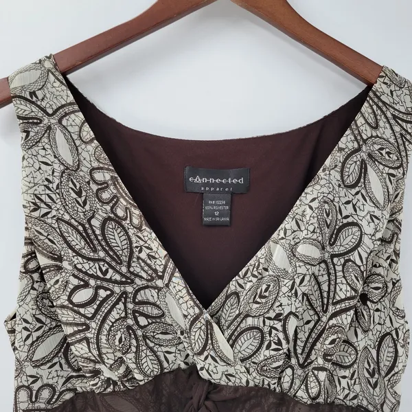 Connected Apparel Womens Dress 12 Brown Floral Sleeveless Drop Waist Midi Flowy‎ - Image 5