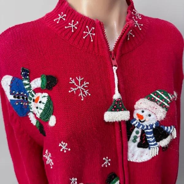 Heirloom Collectibles Snowman Snowflake Ugly Christmas Sweater Cardigan Red - Image 2