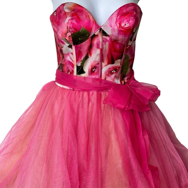 Sherri Hill Y2K VTG Bright Pink Floral Silk Tulle Tutu Prom Dress Size 4 - Image 4