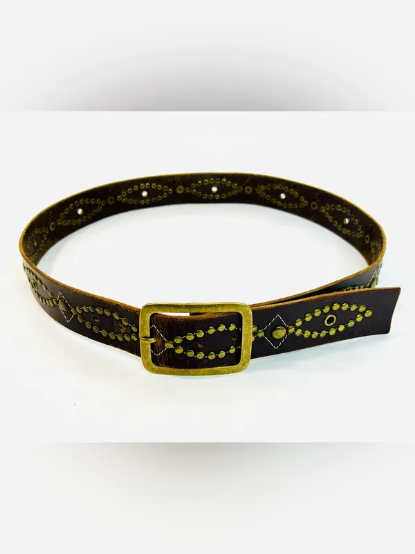 Western Brass Studded Belt, Brown Faux Leather with Studded Design - Image 9