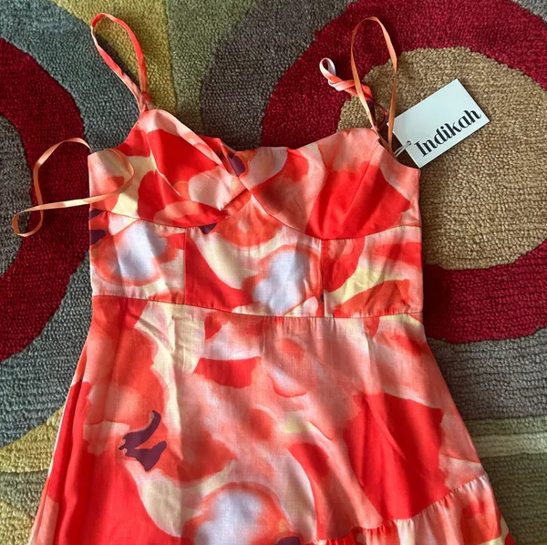 INDIKAH NWT Seona Maxi Dress Orange Watercolor Print Spaghetti Straps Size Small - Image 5