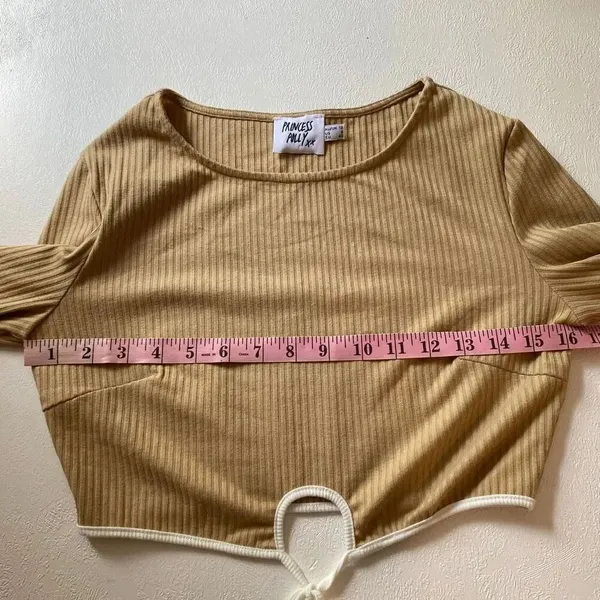 Princess Polly Tan Ribbed Long Sleeve Cutout Tie Crop Top Size 8 - Image 5