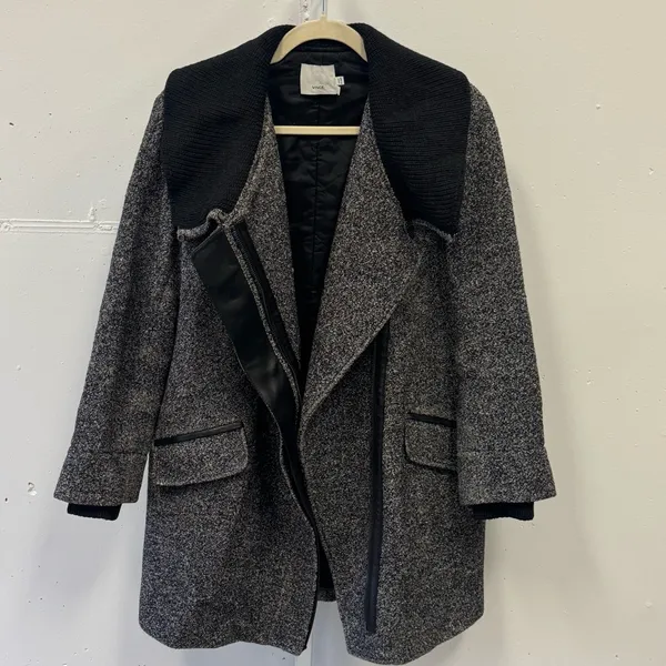 Vince Shawl Collar Asymmetrical Zip Wool Blend Lambskin‎ Trim Tweed Ines Coat XS - Image 4