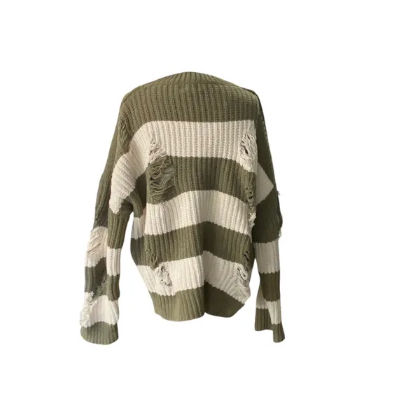 POL Distressed Olive & Cream Striped Knit Sweater - Size Small pullover - Image 4