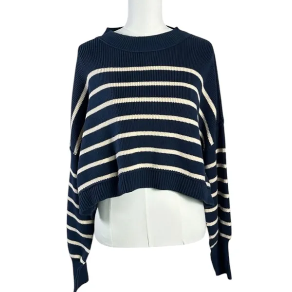 Free People Easy Street Stripe Crop Pullover Size Medium Navy Preppy Coastal - Image 7