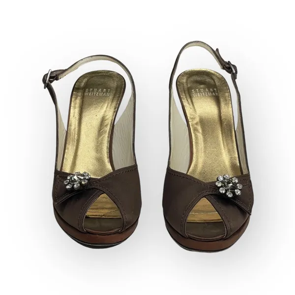 Stuart Weitzman ❤︎ Metallic Silk Peep Toe Slingback Heeled Sandals ❤︎ Chocolate - Image 9