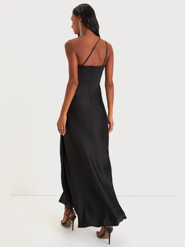 LULU’S Signature Elegance Black Satin One-Shoulder Maxi Dress - Image 5