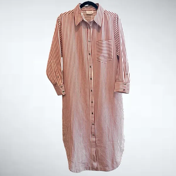 Entro Textured Stripe Button Down Shirt Dress in Rust Size S - Image 3