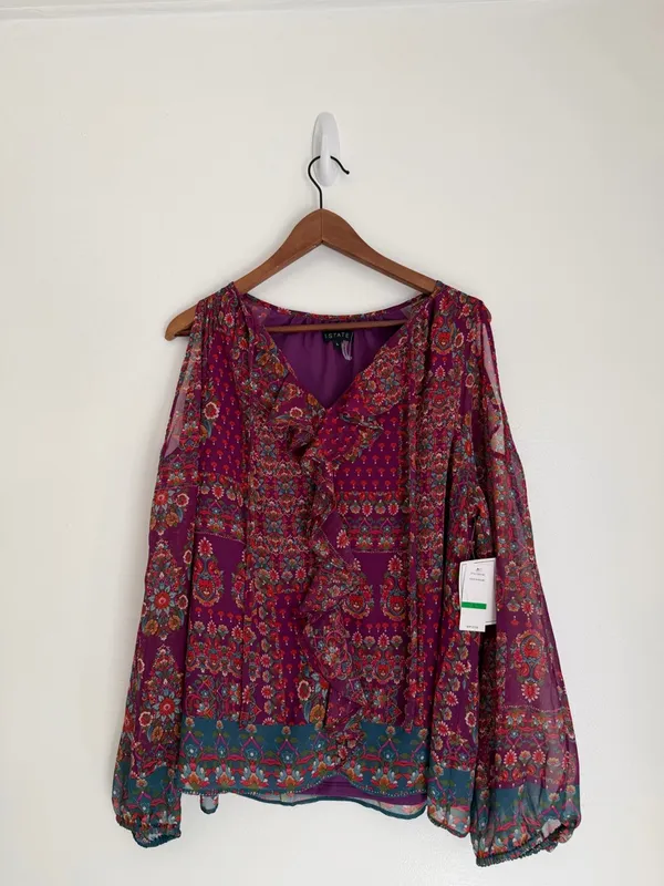 1.State Floral Paisley Boho Cold Shoulder Ruffle Blouse Top Size L NEW - Image 8