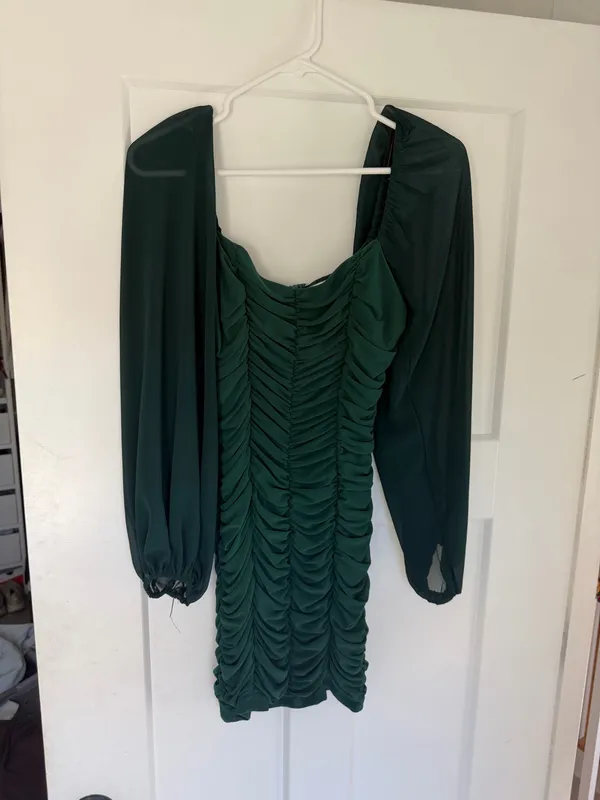 Hello Molly Dark Green Ruched Sheer Sleeve Bodycon Mini Dress - Image 2