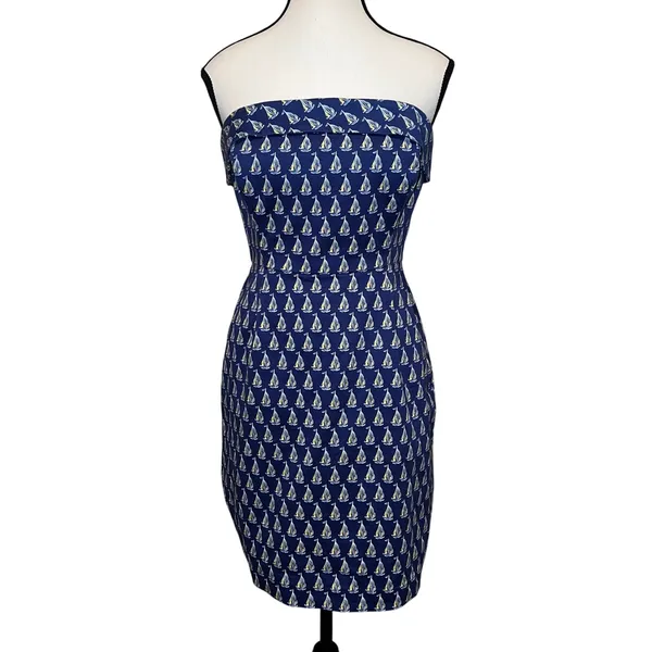 Vineyard Vines Cotton Boating Dress Navy Sailboats Strapless Sheath Size 2 - Image 2