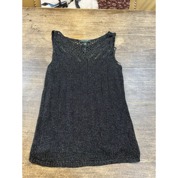 Lauren Ralph Lauren Metallic Open Knit Sleeveless Blouse‎ Black/Blue Crochet - Image 2