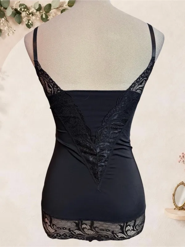 Black Lace Satin Camisole Lingerie Top Adjustable Straps - Image 7