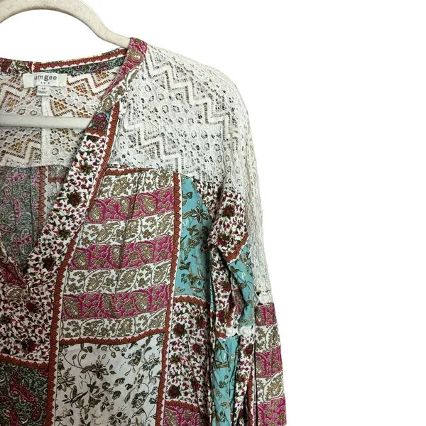 UMGEE Top Womens Medium Multicolor Patchwork Boho Print Blouse Ladies - Image 3
