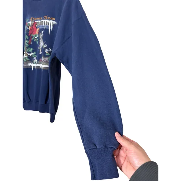 Vintage Hanes Dumas Texas Kitten Cardinal Winter Sweatshirt Navy Blue‎ Large - Image 3