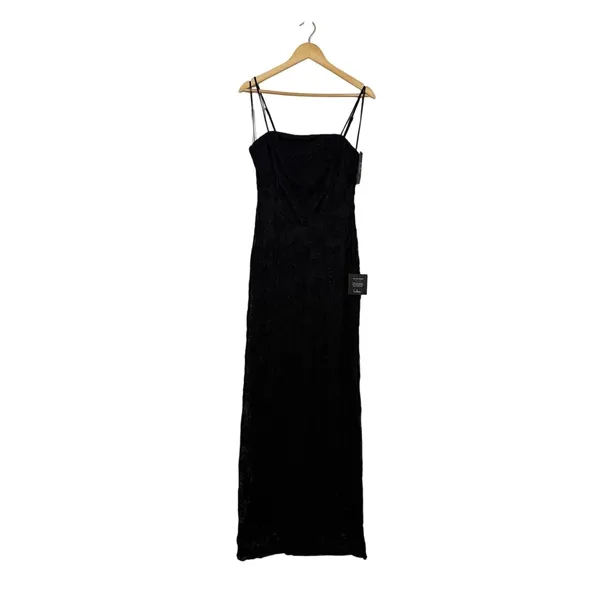 Lulus Joni Maxi Dress Women's Size Medium Black 3D Floral Applique Lace Slit NWT - Image 3