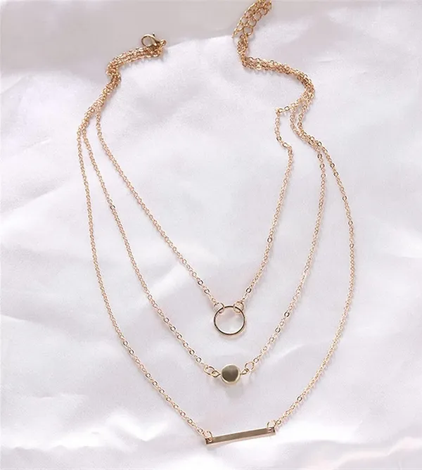 3 Piece Gold Layered Medallion, Long Bar, Hoop Choker Necklace - Geometric - Image 3
